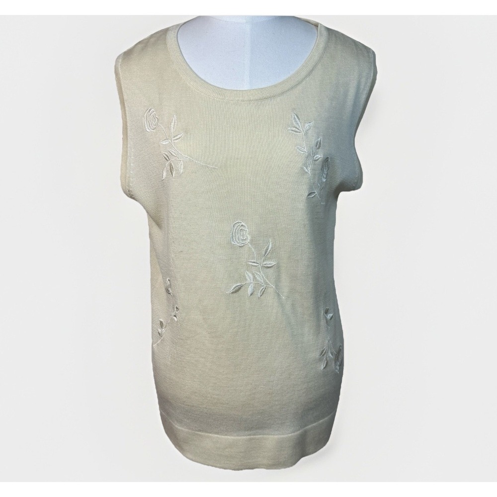 Vintage Women's Lemon Grass Floral Embroidered Sweater Tank Shirt Size Large